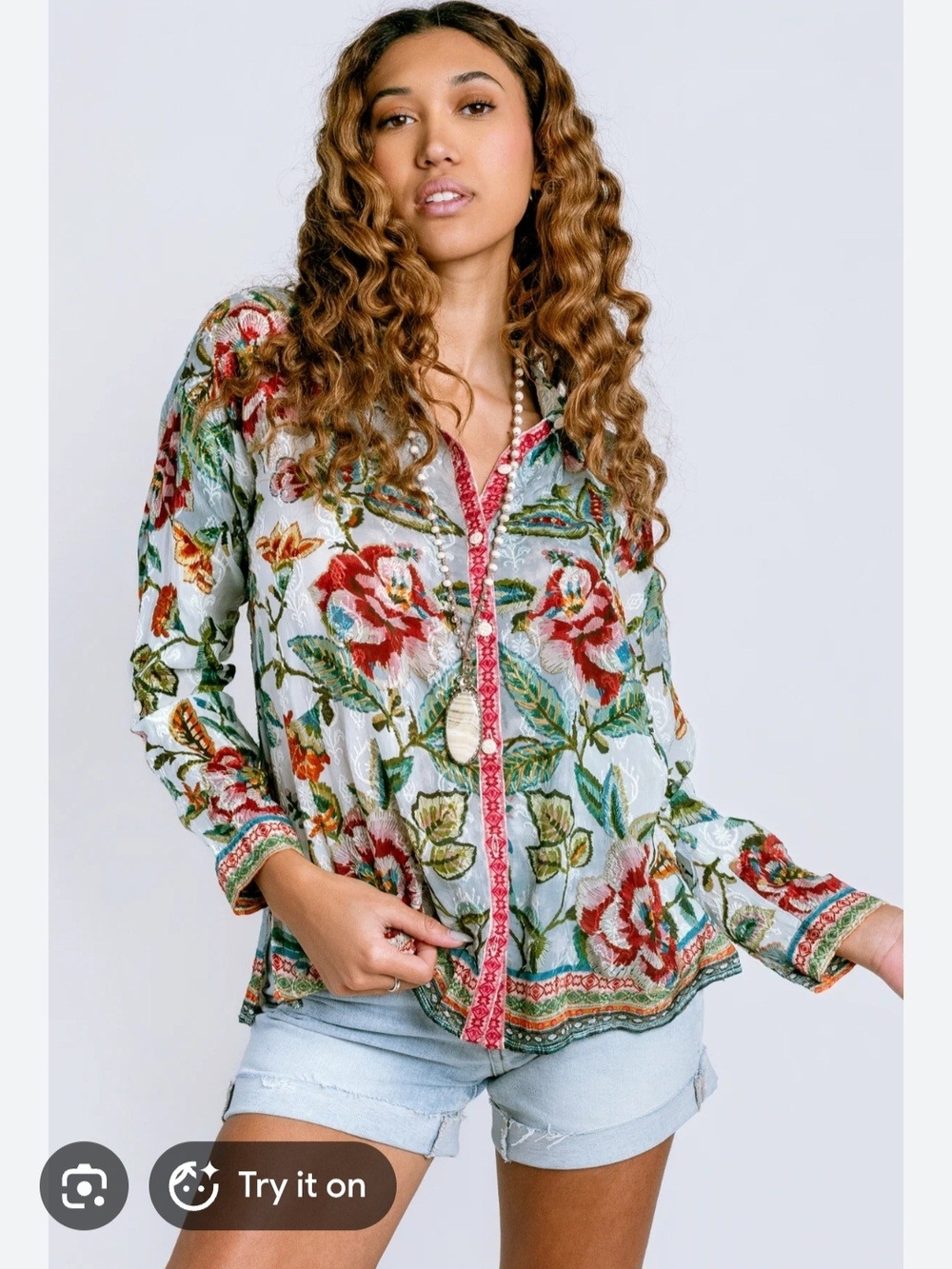 Johnny Was "Audrey" Floral Multicolor Cupro Button-Front Collared Blouse XL